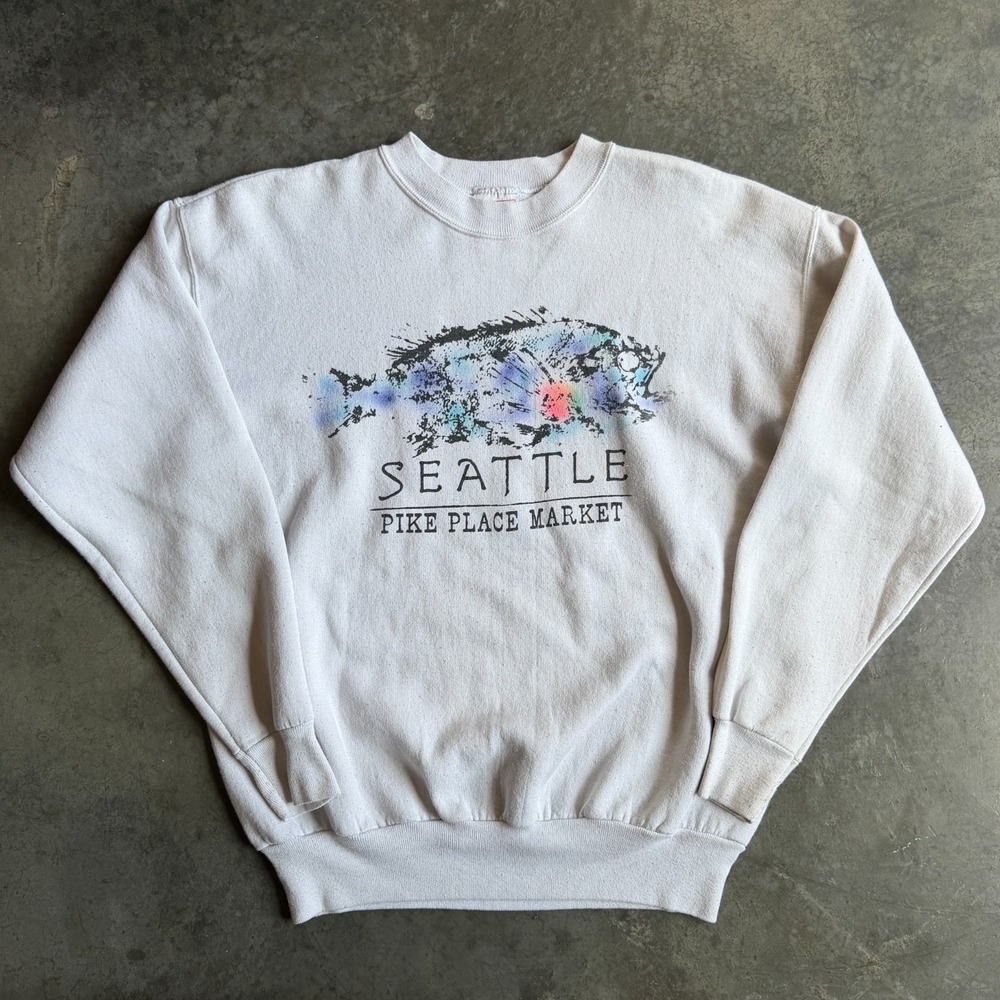 Vintage 90s Seattle Pikes Market Fish Graphic Crewneck Sweatshirt Nature Mens L